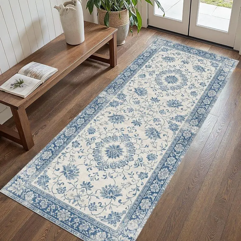 VIKAMA Retro Bohemian Runner Rug Anti-Slip Stain-Resistant Entrance Hall Floor Mat Bedroom Kitchen Rug Home Decoration