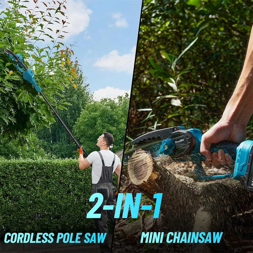 Seesii 2 IN 1 6 ''Gergaji Listrik Tanpa Sikat 2.4M Ekstensi Gergaji Tiang Cabang Tinggi Baterai 2*2A untuk Alat Pemotong Taman Makita
