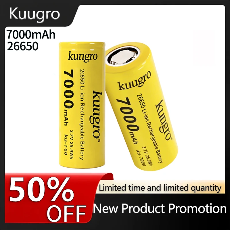

1-20pcs Kuugro 26650 3.7V 7000mAh 35A power Rechargeable lithium battery 26650 Suitable for Flashlight batteries