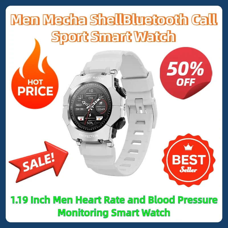 1.19 Inch Men Heart Rate and Blood Pressure Monitoring Smart Watch Men Sport Bluetooth Call Mecha Shell Smart Watch