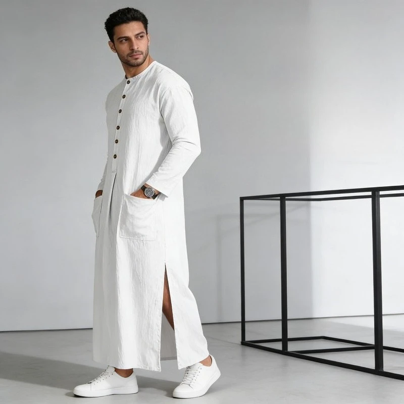 

Мужская мусульманская тоба с длинным рукавом, свободный крой, повседневная, на пуговицах, однотонная, с карманами, исламская одежда для Ближнего Востока