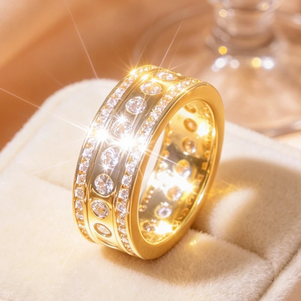 1PC Lady's Three Rows Dispersed Round Stones Wide-Width Finger Ring Elegant Plain Circle Ring Set for Wedding Banquet, Luxurious and Sophisticated, Perfect Gift for Engagement, Proposal, or Giving to Wife, Lover, or Mother