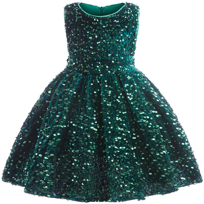 Retro Christmas Dress Girls' Fashion Sequins Sleeveless Princess Dress Korean Velvet Birthday Party Performance Party Clothing