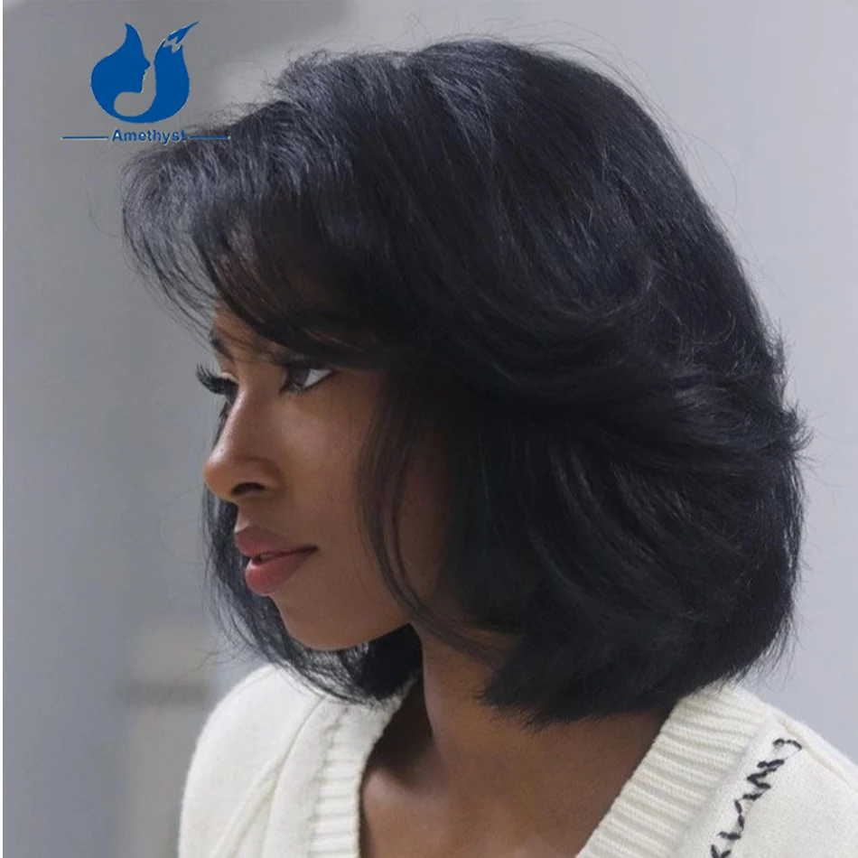 Peruca brasileira Yaki Bob cortada em camadas para mulheres, perucas de renda frontal, cabelo humano, preto natural, reto, curto, 13x6, 8 "-14"