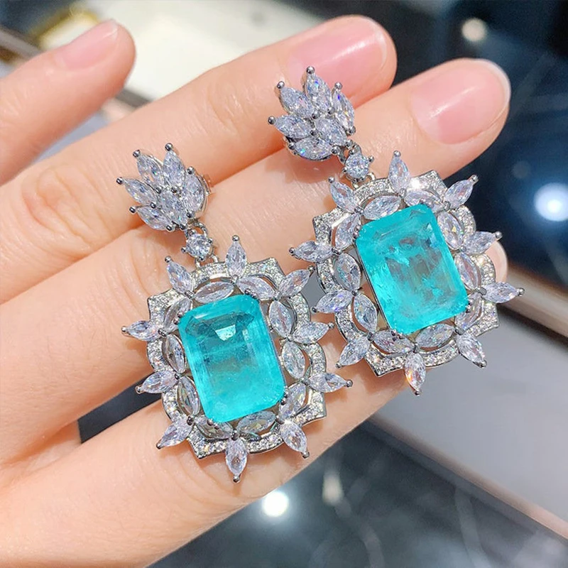 Huitan Gorgeous Green CZ Wedding Earrings for Women Brilliant Cubic Zirconia Dangle Earrings Engagement Party New Trendy Jewelry