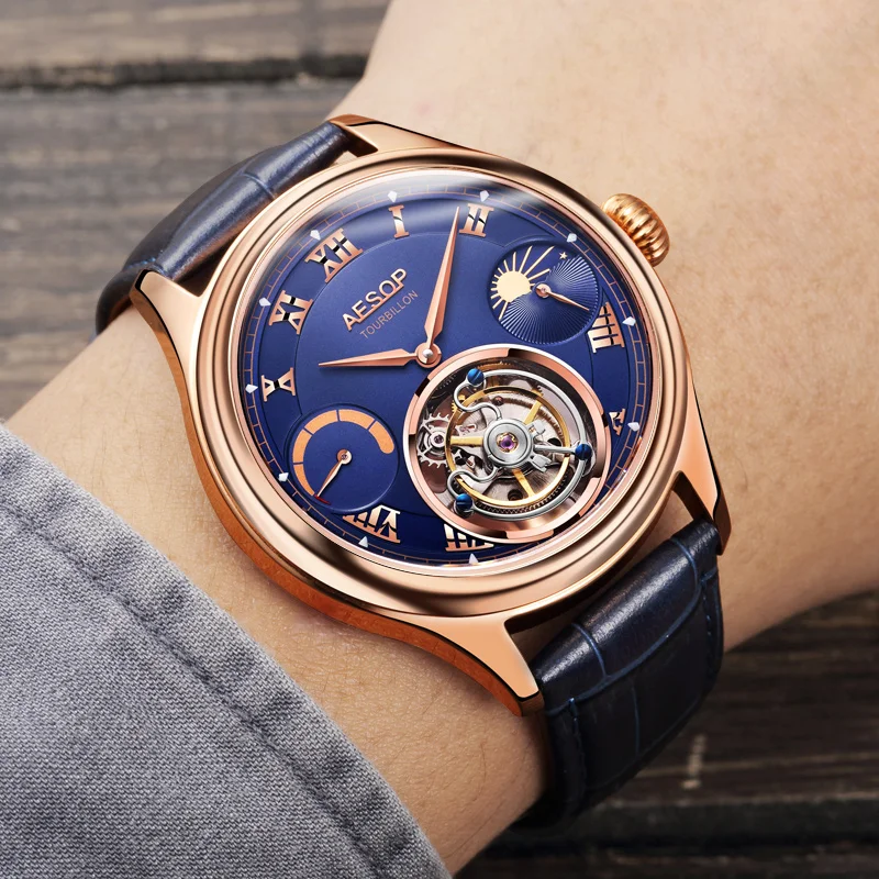 Aesop คู่มือ7001 Tourbillon การเคลื่อนไหวสังเคราะห์แซฟไฟร์คริสตัลสแตนเลสหนังแท้สะดวกสบายกันน้ำเรืองแสง