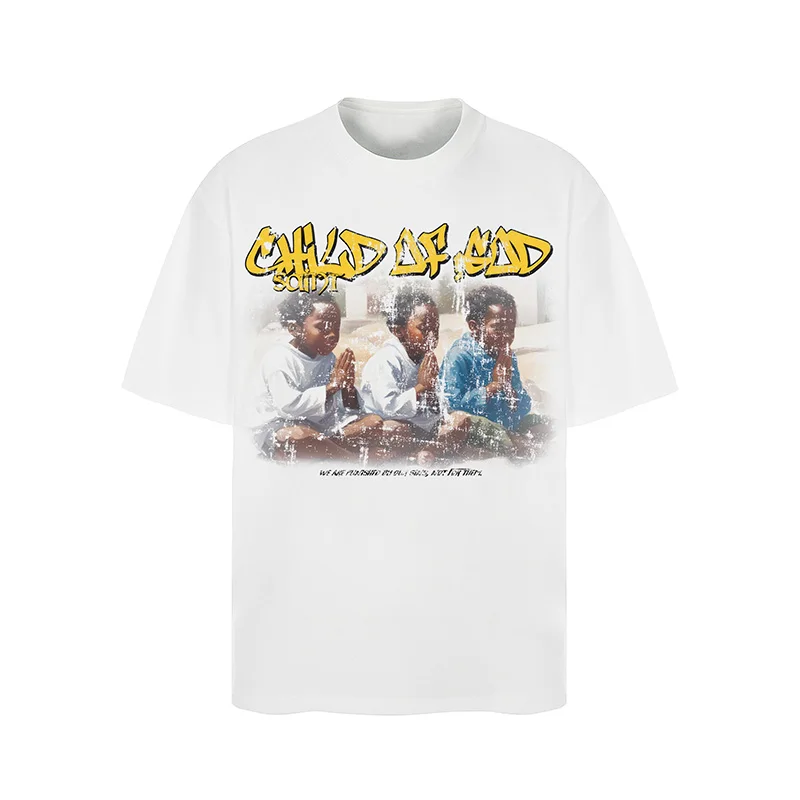 Hip Hop Child Printing Saint T-Shirt Men Women High Street Golden Letters Logo Short Sleeve Tee Vintage White Oversized T Shirt