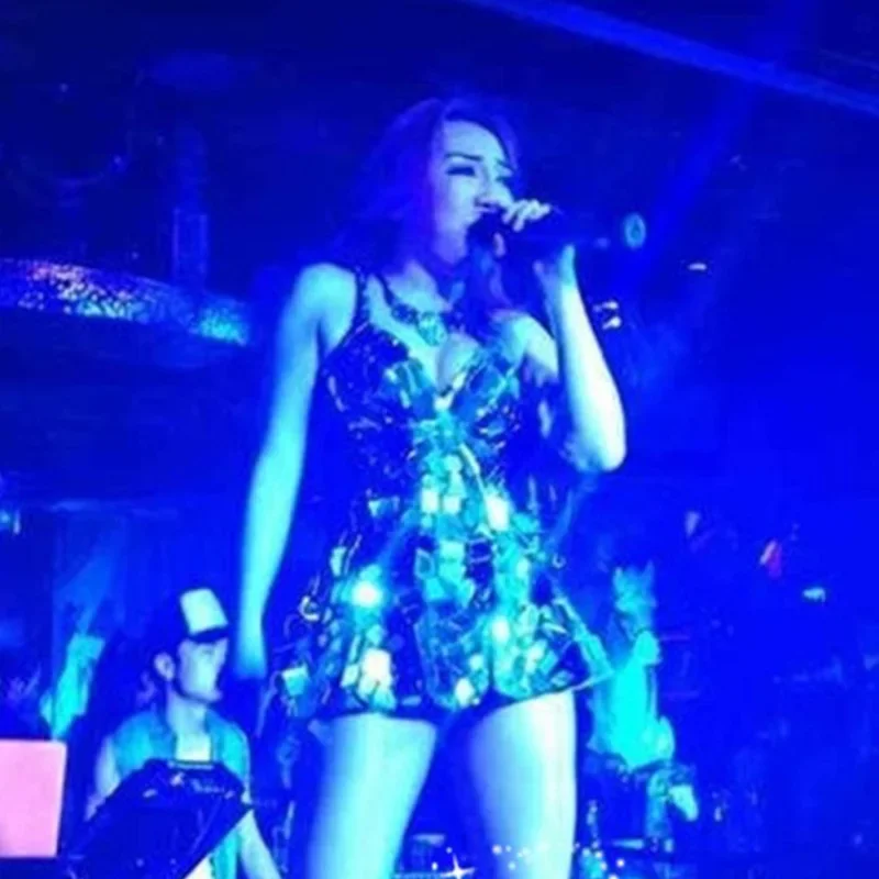 Abito a specchio argento Abito da festival sexy Costume di scena Donna Discoteca Bar Cantante Dj Ds Abbigliamento da prestazione