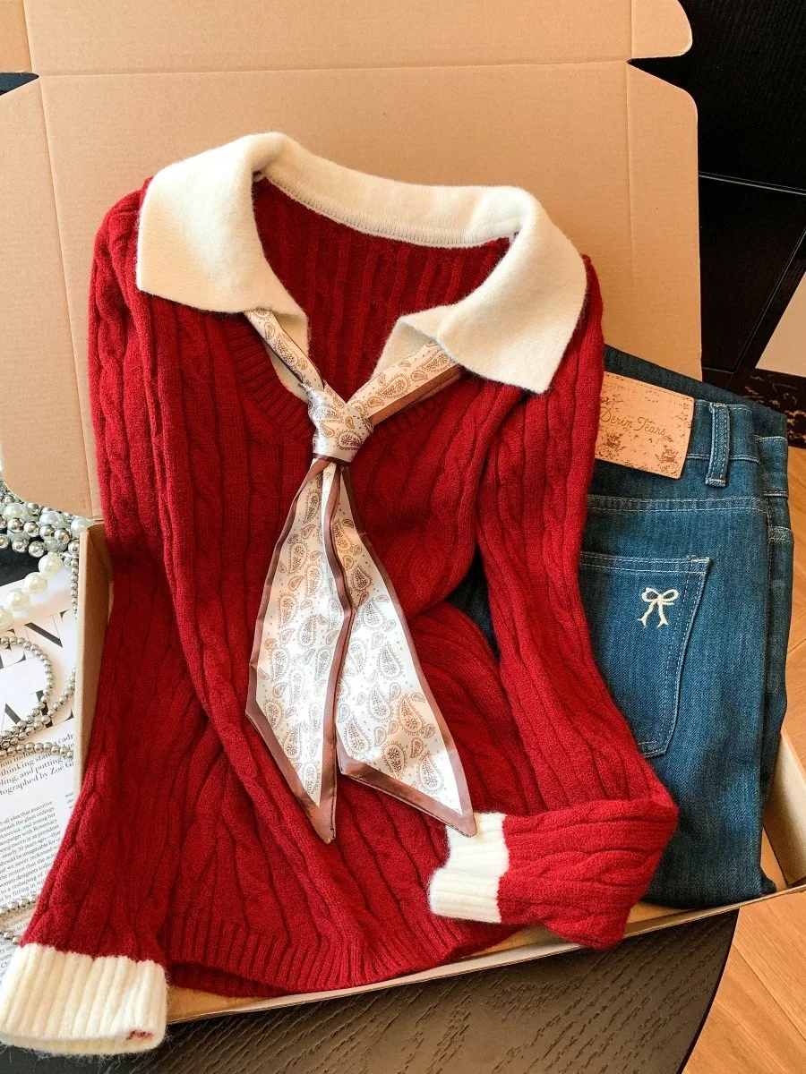 

Red Knitted Illusion Two-Piece Women's Top Spring New Sle Vintage Pattern Ciwalk Soft Polyester Long Sve Ne