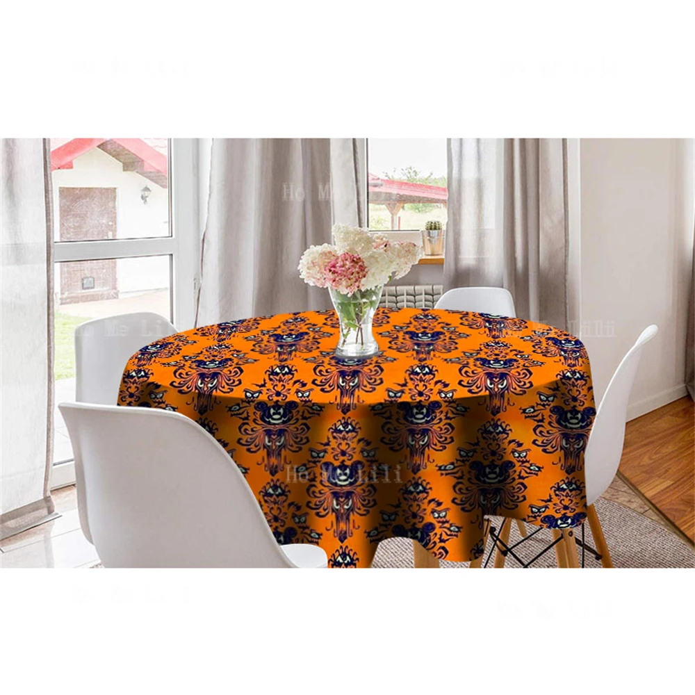 Seamless Skull And Bone Style Ghost Manor Halloween Haunted House Pattern Round Tablecloth Decorated The Kitchen