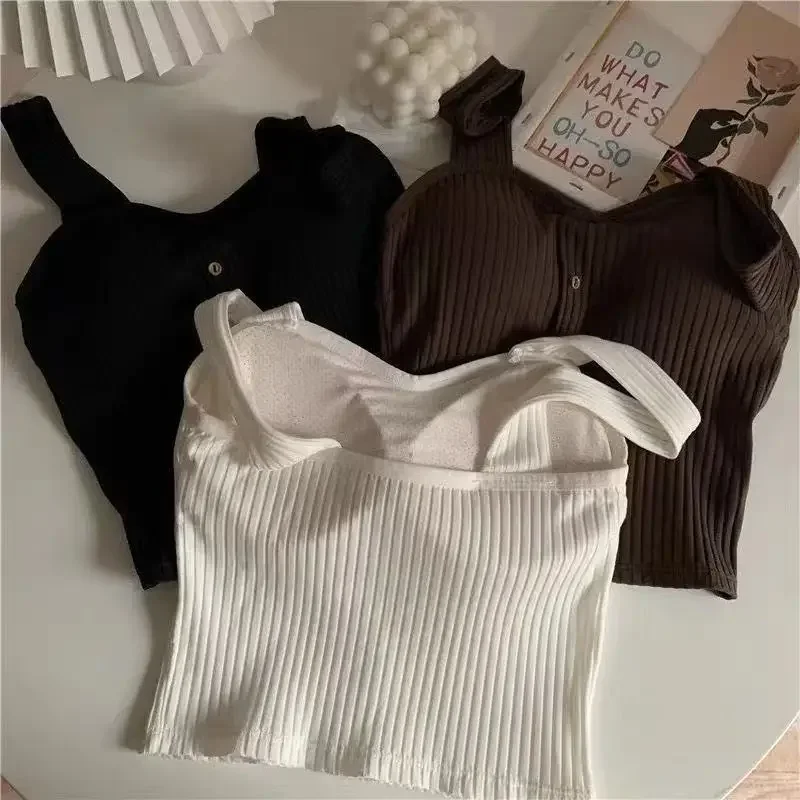 Women Summer Elastic Tank Top Crop Camisole Sleeveless T Shirt Spaghetti Vest Knitted Camis Female Vest Tops White Black