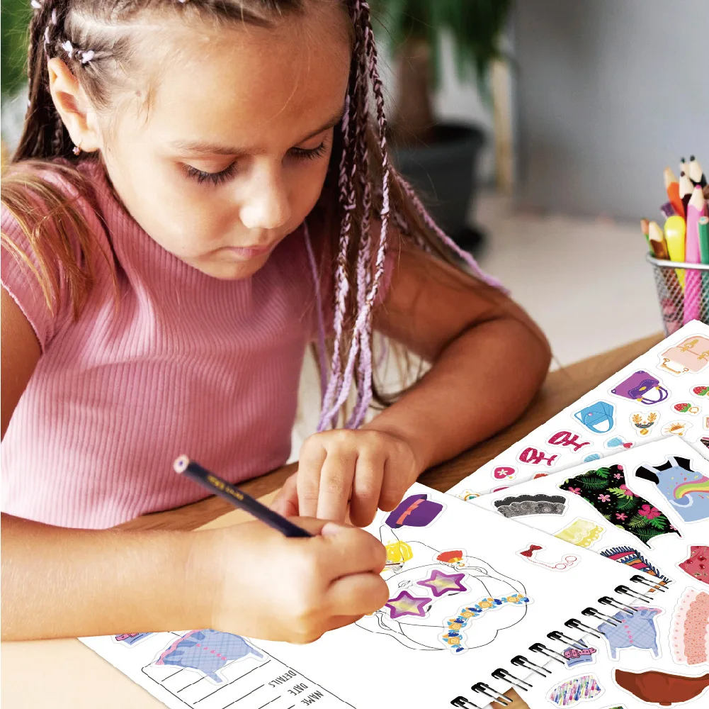 Fashion Designer Sticker Book for Girls: Reusable Dress-Up Stickers & Sketchbook with Colored Pencils for Creative Play