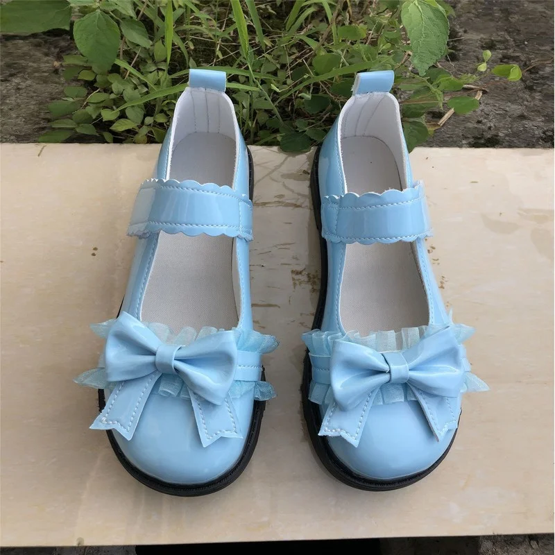 Women Lolita Shoes Kawaii Japanese Style Lace Patchwork Bow Hook Loop Mary Janes Girls Students shoes Solid Footwear