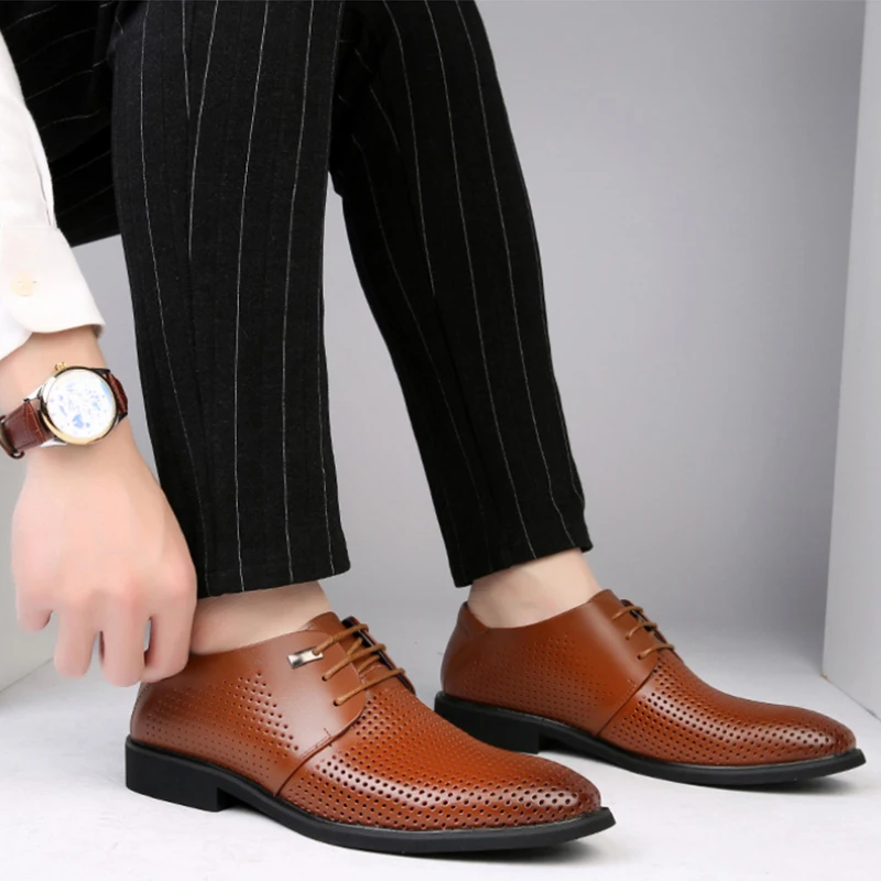 

Mens Brown Leather Perforated Metal Decor Lace Up Formal Business Office Breathable Summer Shoes Simple Breathable Leather Shoes