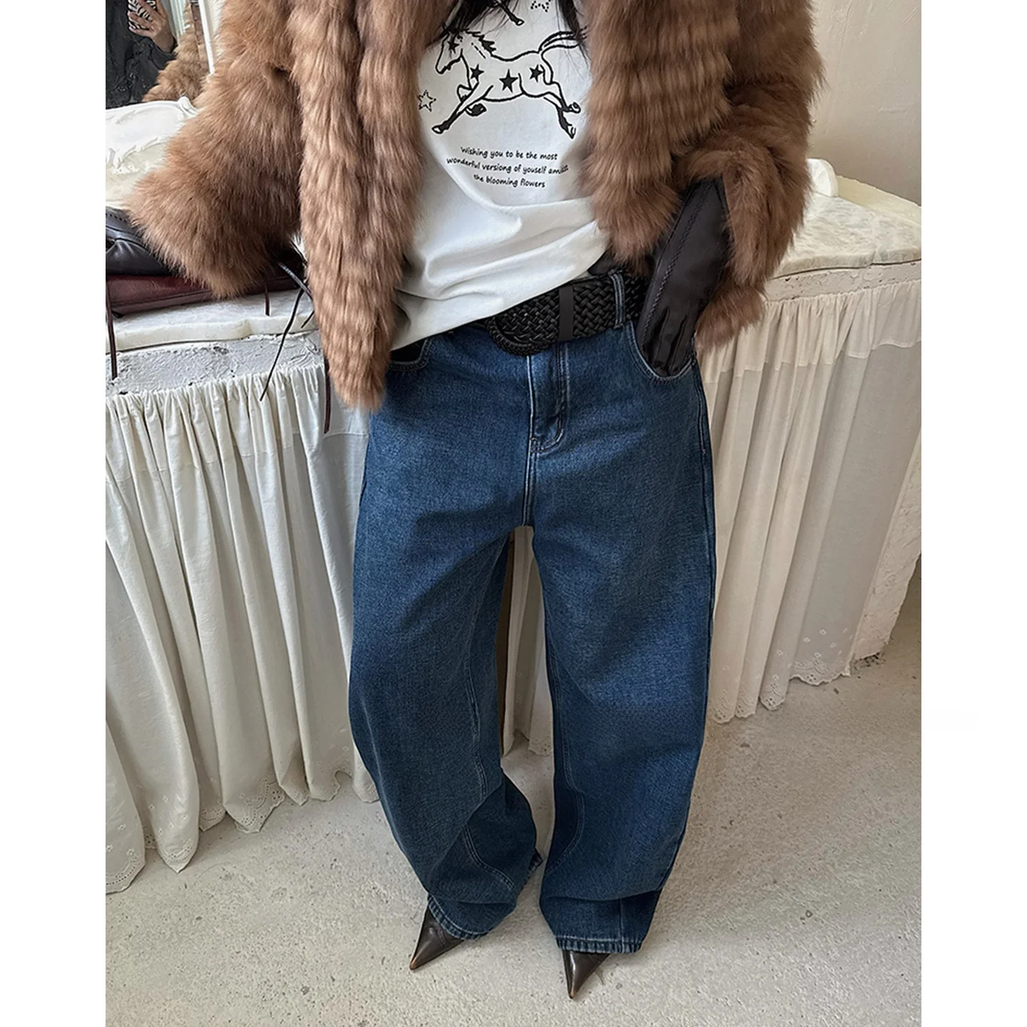 

Blue Fce Lined Denim Jeans Women's Winter New Sle Casual Wide Leg Banana Pants Ba Insert ket Versatile Warm Trousers