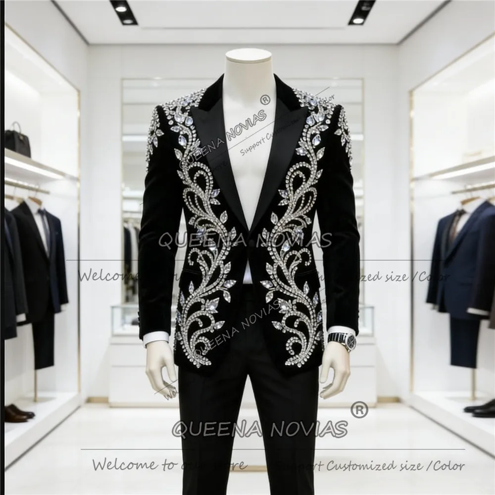 

Jewelry Stones Ornament Suits Men Slim Fit Single Breasted Jacket Pants 2 Piece Set Groom Tuxedos Customized Man Wedding Outfits