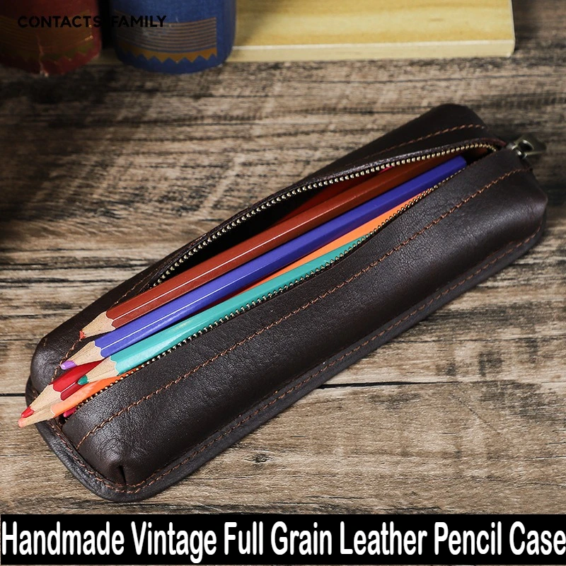 

Винтажный пенал из натуральной кожи ручной работы, большой емкости, креативная студенческая сумка на молнии, школьные канцелярские принадлежности