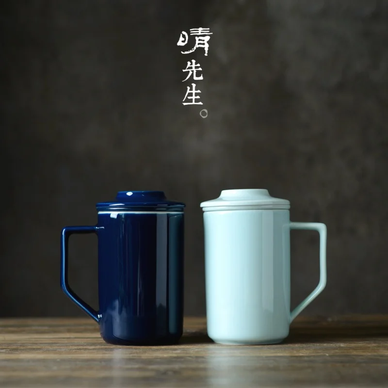 

★Japanese Creative Black Porcelain Simple Mug Fresh Large Water Glass Portable Cup with Lid Strainer Tea Cup Office Teaware