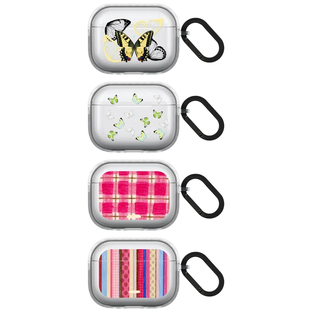 Green Yellow Butterfly TPU Transparent Protective Case for AirPods 4 Pro3 Pro2 Pro Earbuds Charging Box Cover with Hook