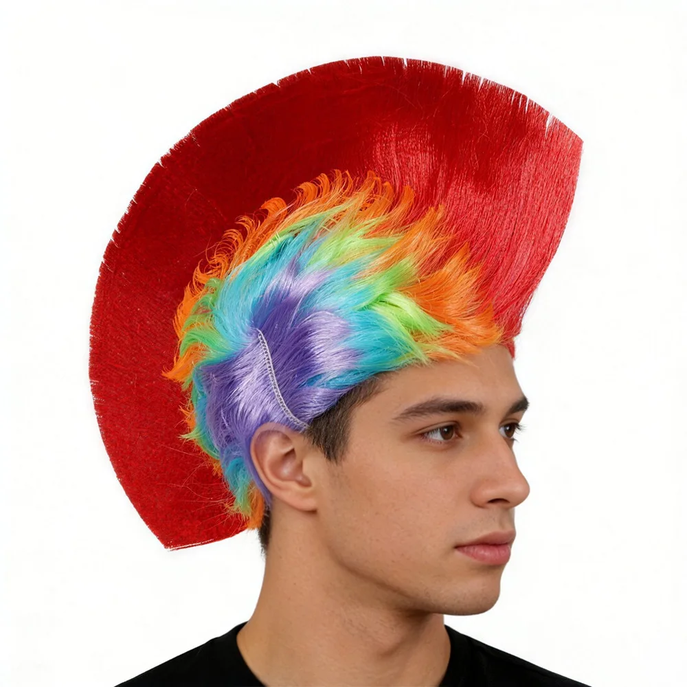 Rainbow Spiky Mohawk Punk Wig, Unisex Synthetic Mohican Cockscomb Hairpiece for Halloween Cosplay, Carnival, Sports Fan Costume