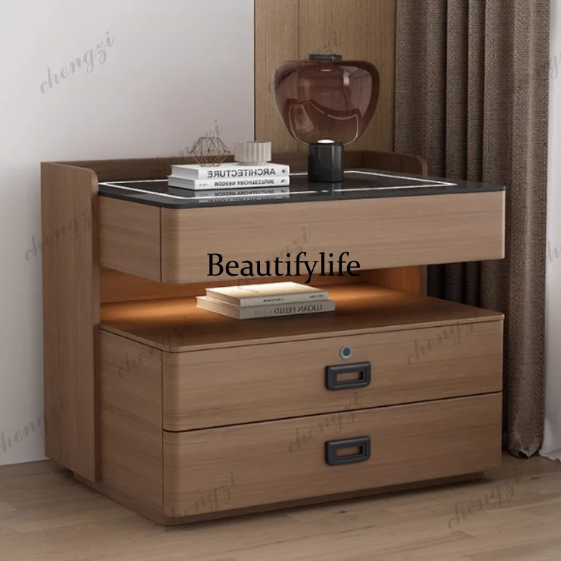 A68 Solid Wood Nightstand Italian Minimalism Bedroom Furniture   Light Wireless Charging Fingerprint Lock Bedside Table
