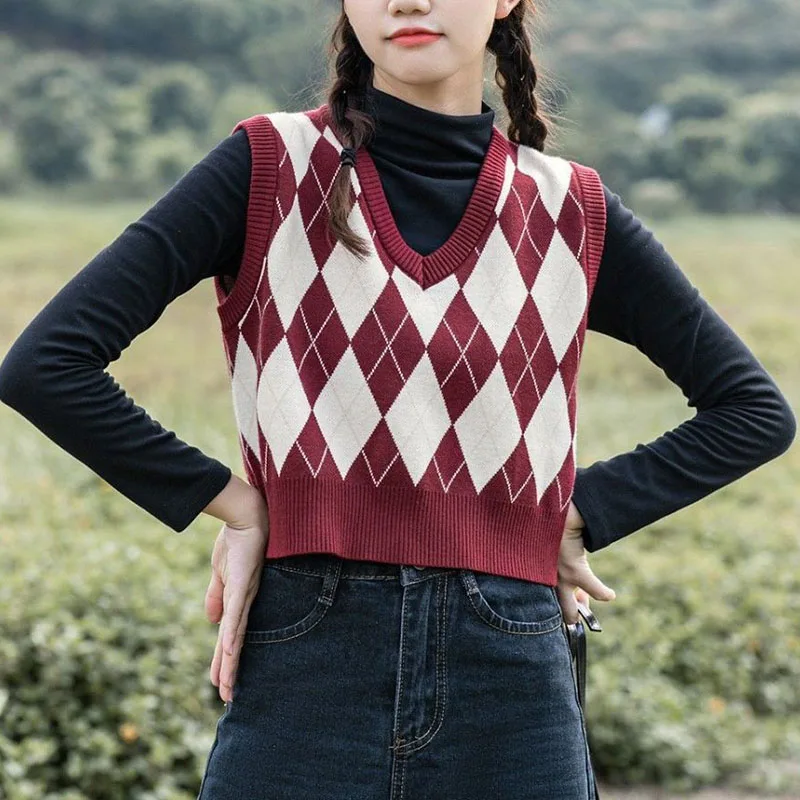 Lucyever Retro Argyle Pattern Women Vest Sweater Harajuku Preppy Style Sleeveless Sweaters Girl Autumn V-Neck Knitted Crop Tops