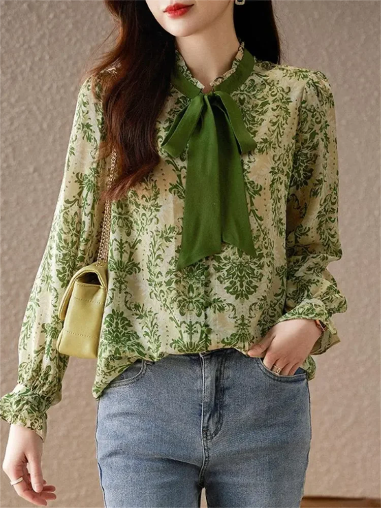 Bow Women Shirts Flounce Shirt For Woman Lantern Sleeve Blouses Casual Top Stand Up Collar Ribbon Long -sleeved Female Shirts