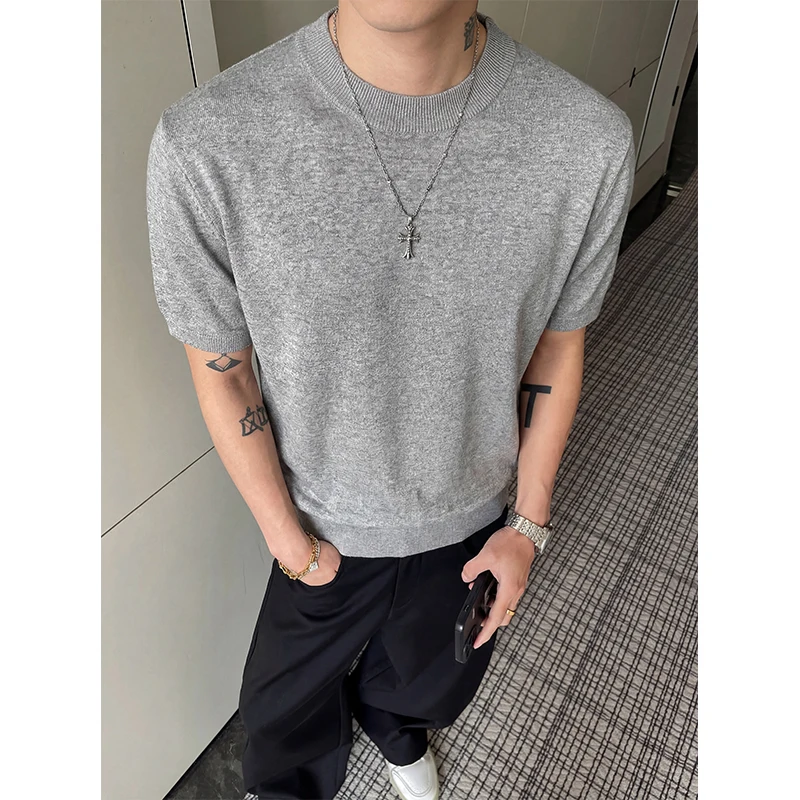 

Summer Knitted T-shirt Men Fashion Black White Casual T Shirt Men Korean Casual Round Neck Short Sleeved T-shirt Mens Top