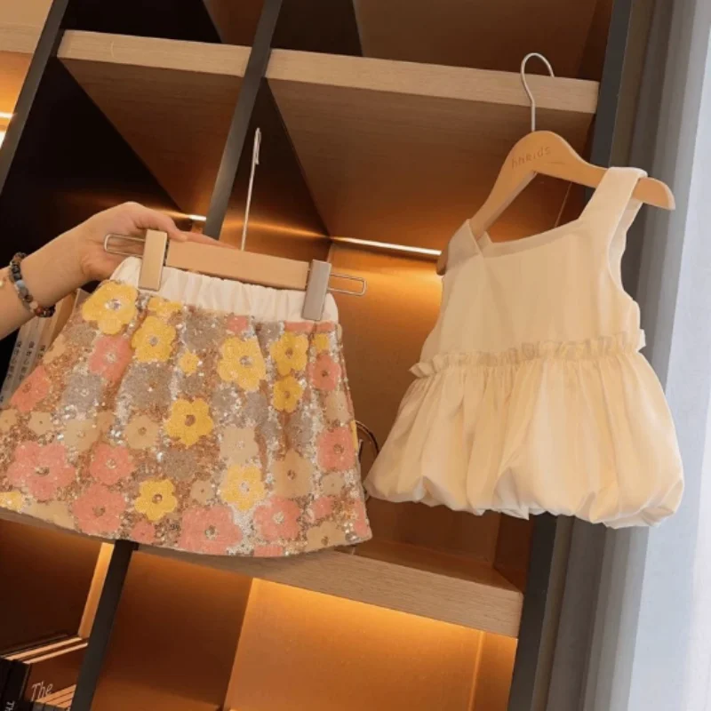Childrens Sets Girl Summer New Baby Causal Vest Short Sleeve Two Pieces Glitter Skirt 2024 Sweet Fashion Flower Simple