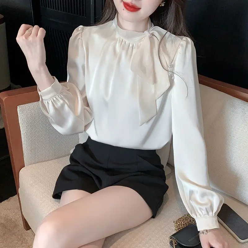 Women Spring French Simplicity Loose Lacing Solid Color Half High Collar Long Sleeve Shirts Ladies Casual All-match Chiffon Tops