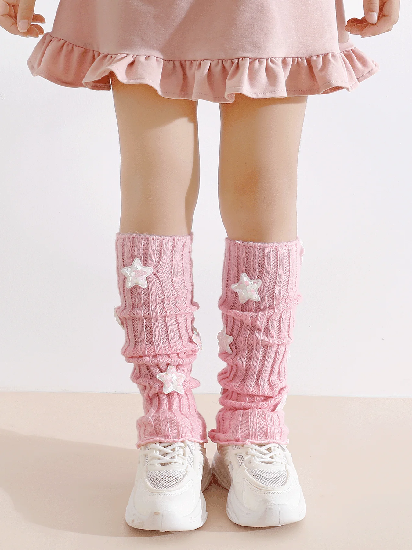 2 Pairs of Girls Star Sequin Knit Leg Warmers Ribbed Long Sock Covers Cute Daily Wear For Kids Sweet Style Fashion Accessory Set