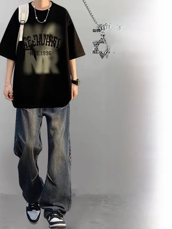 

American Retro Street Sle ort Sve T-irt And Jeans Men's Casual Sportswear Summer Cool Two-Piece Set for Teenagers