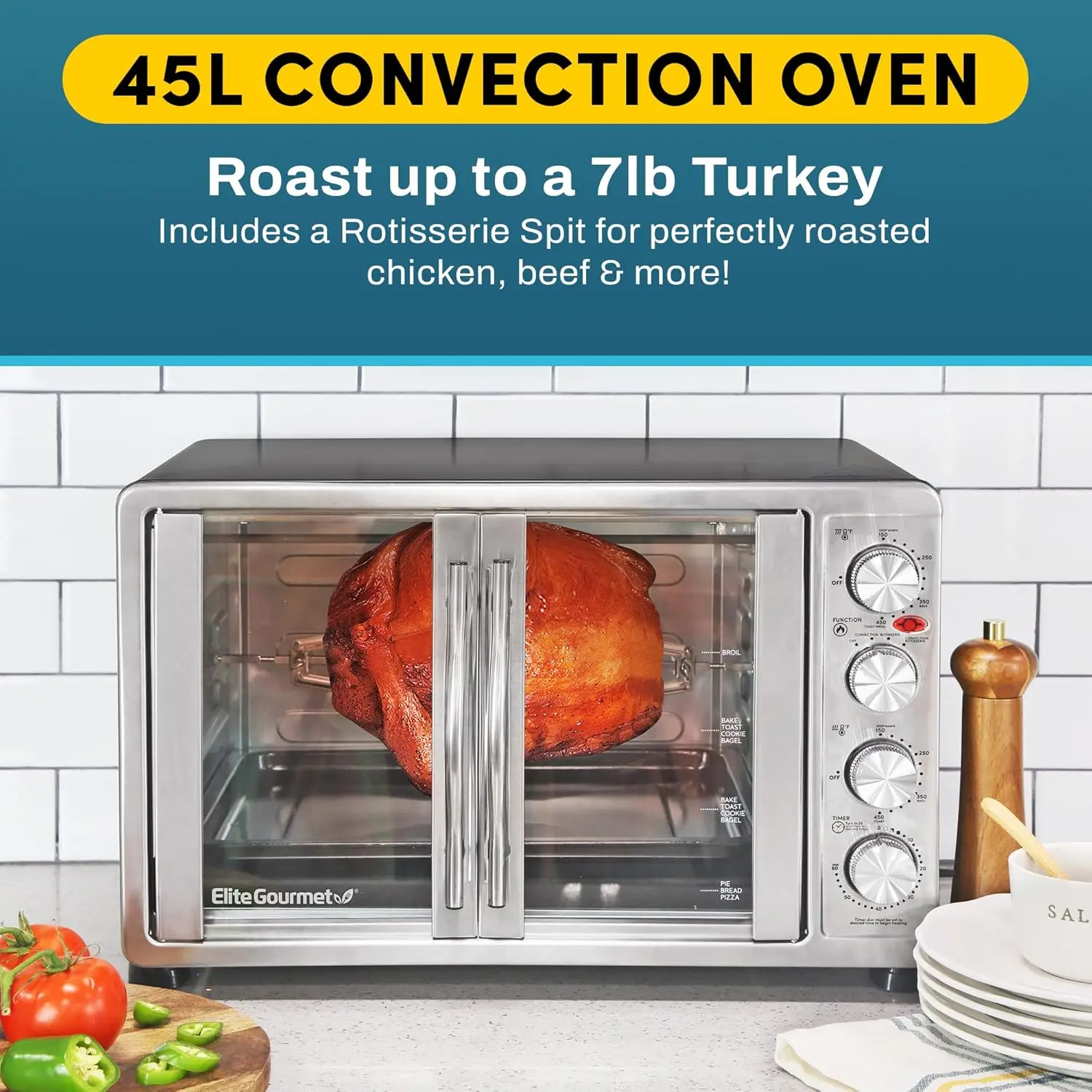 ETO-4510M French Door 47.5Qt, 18-Slice Convection Oven 4-Control Knobs, Bake Broil Toast Rotisserie Keep Warm, Includes 2 x 14