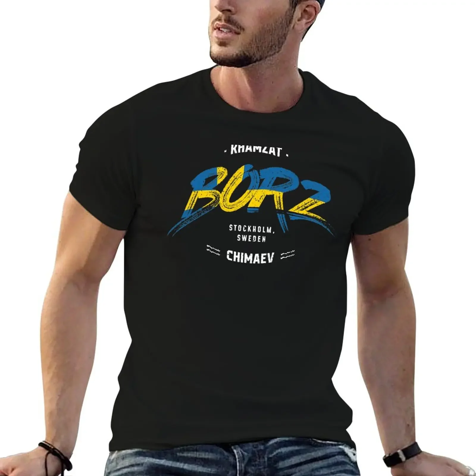 

Khamzat BORZ Chimaev - Typography Sweden Flag T-Shirt oversizeds vintage clothes heavy weight t shirts for men