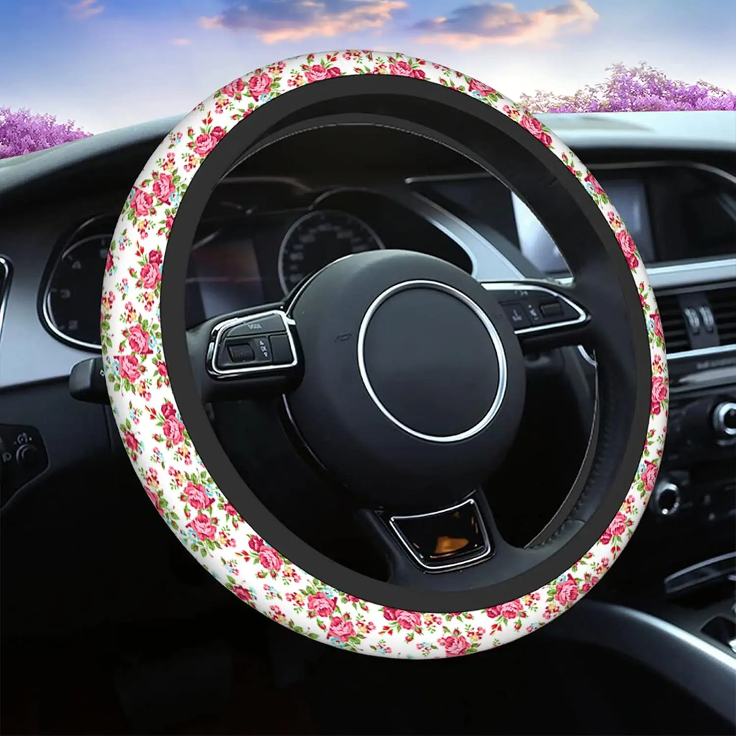 Rose and Leaves Pink Car Steering Wheel Cover Universal 15 Inch with Grip Contours Beautiful Floral Pattern with Red Rose