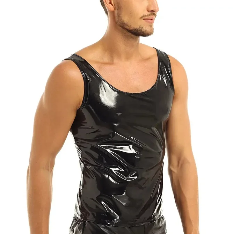 Plus Size Mens Shiny PVC Leather Vests Casual Nightclub Latex O-neck Tank Tops Glossy Male Wetlook Man Slim Sleeveless T-shirts