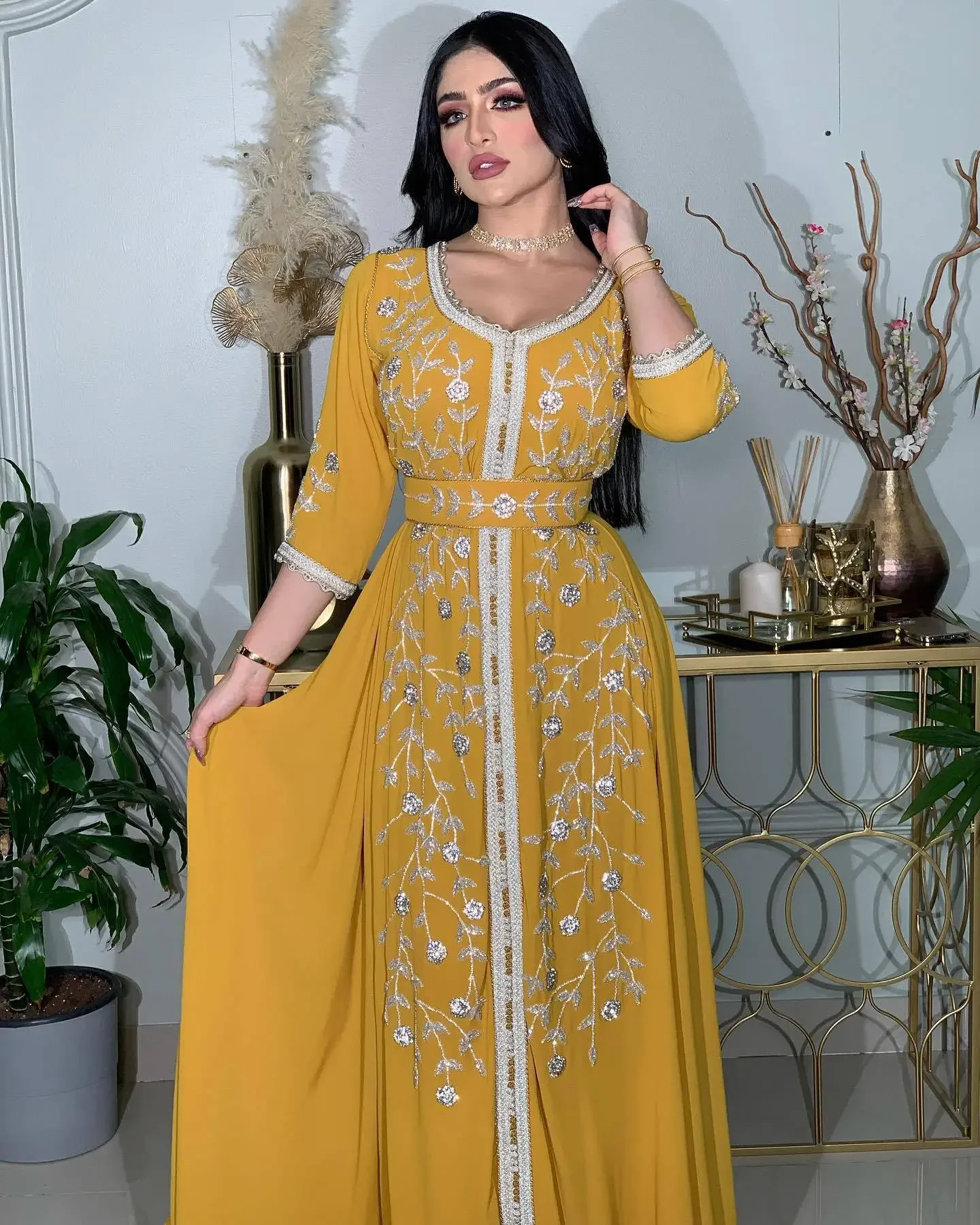 

Elegant Eid Muslim Evening Party Jalabiya Marocain Dress Ramadan Arabic Yellow Embroidery Abaya Islamic Turkish Moroccan Kaftan