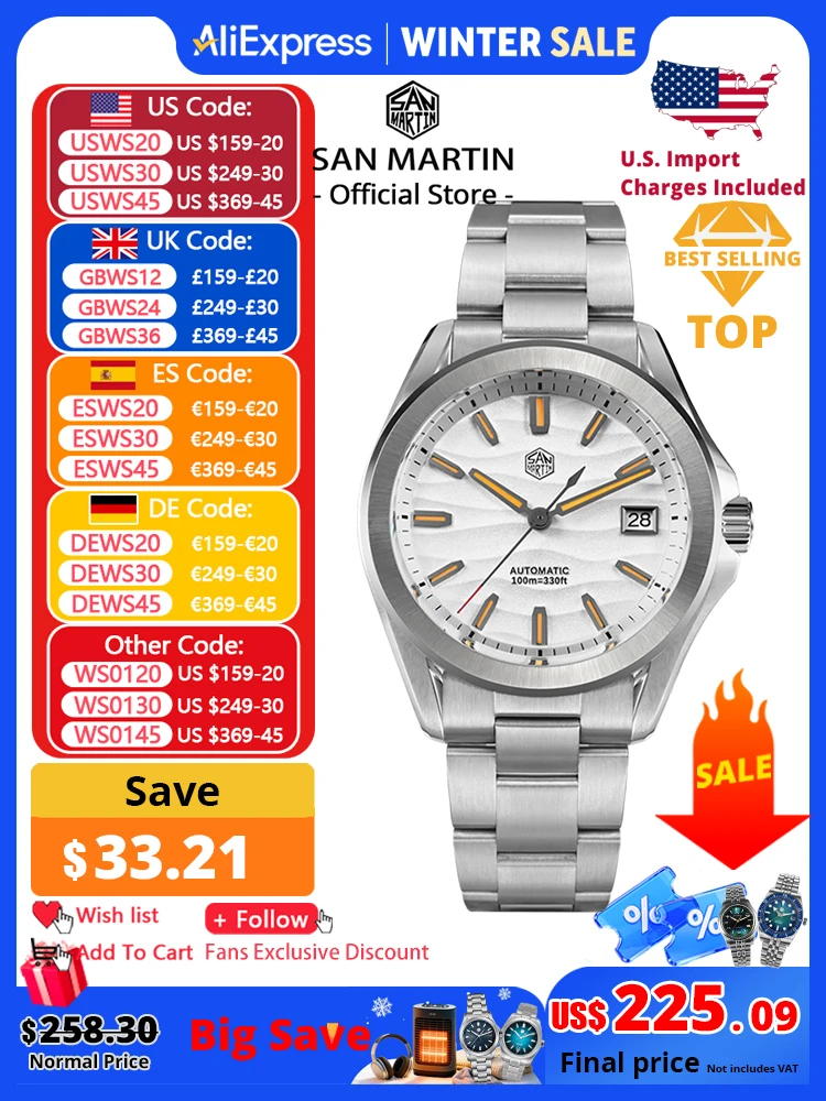 

San Martin 39mm Gada Fashion Men Dress Watch Orange Luminous NH35 Automatic Mechanical Business Watches Waterproof SN0129 Reloj