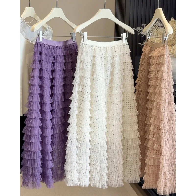 

Sweet Polka Dot Printed Skirt Women Multi-Layered Ruffle Cake Skirt Spring Summer Elegant Temperament Women Party Skirt
