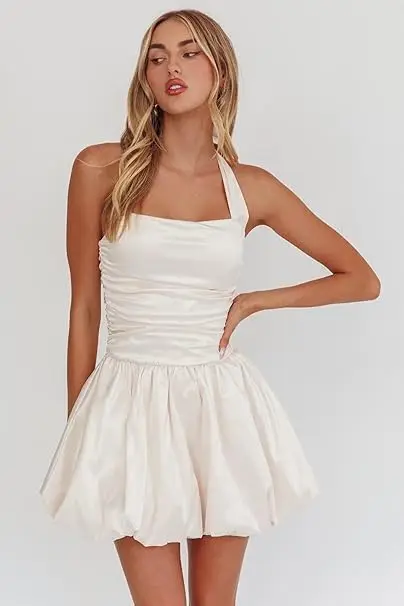 

Satin Homecoming Dresses for Teens Short Halter Puffy Bubble Mini Prom Cocktail Dress