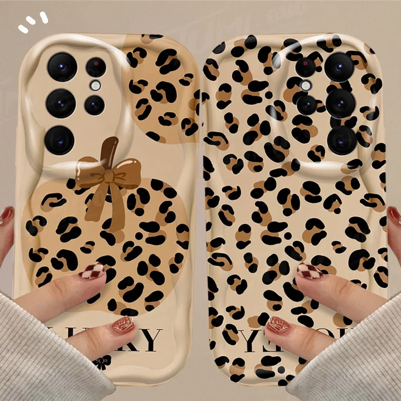 Love Heart Leopard Print Wave Case For Samsung Galaxy S24 Ultra S23 S22 Plus S21 S20 FE A25 A55 A35 A15 A05 A05S Silicone Cover