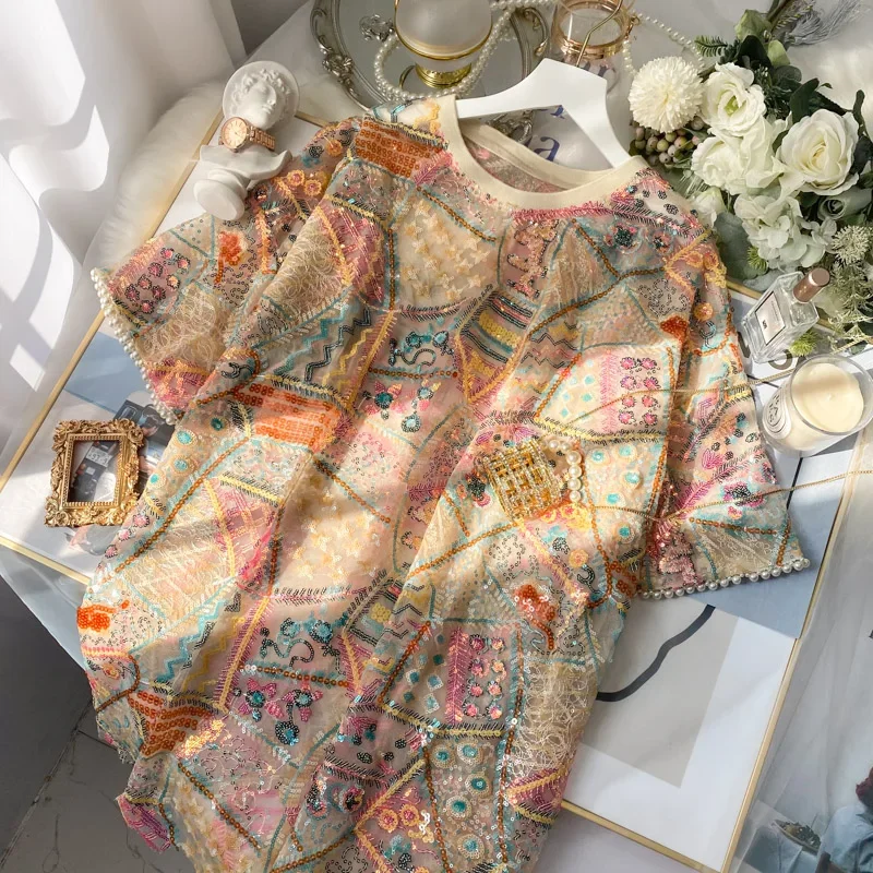 Luxury Retro Geometric Embroidery Sequined Mesh Spliced Tees Dress Summer Short-sleeved Diamonds T-shirts Beaded Crop Tops 2021