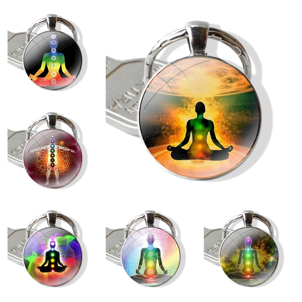 Indian Buddha Meditation 7 Chakra Keychain Handmade Glass Cabochon Key Ring Holder Pendant Key Chains