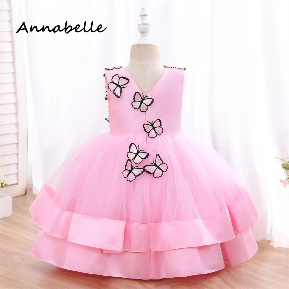 Annabelle Flower Girl Dress Puffy Flower Baby Wedding Party Bow Dress Priness Girl Bow Bridesmaid Butterfly Dress 2024New