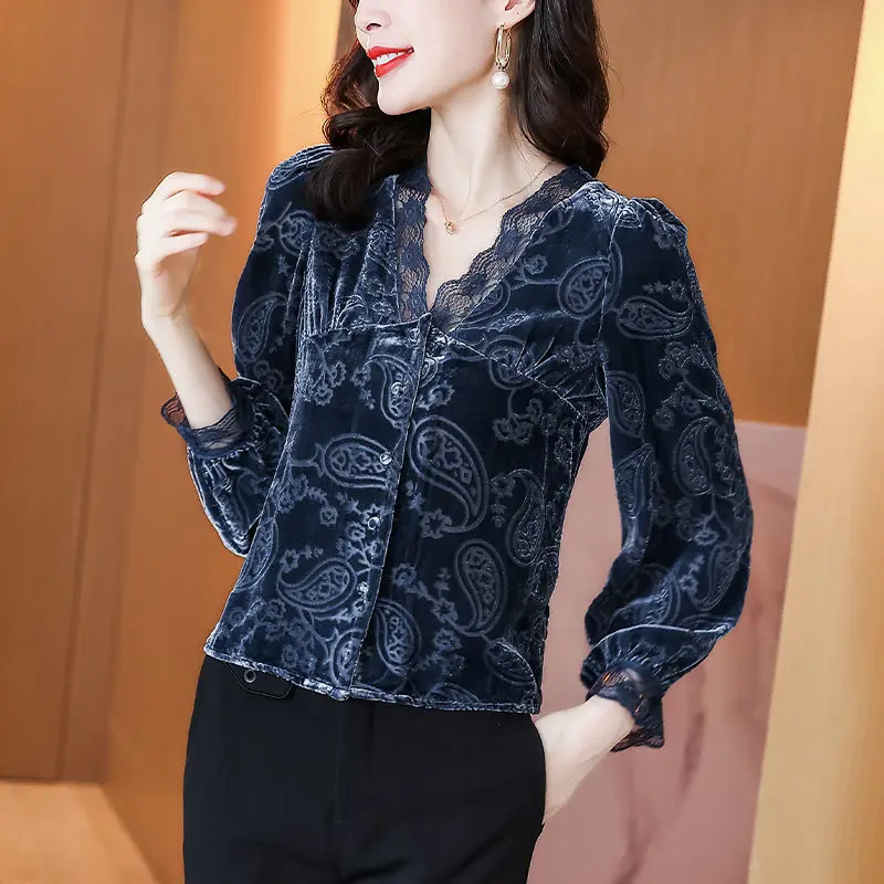 Women Blouse High-end Gold Velvet Jacket 2023 New Lace V-colorant Small Shirt Long-sleeved Foreign Slimming Small Shirt Clothing