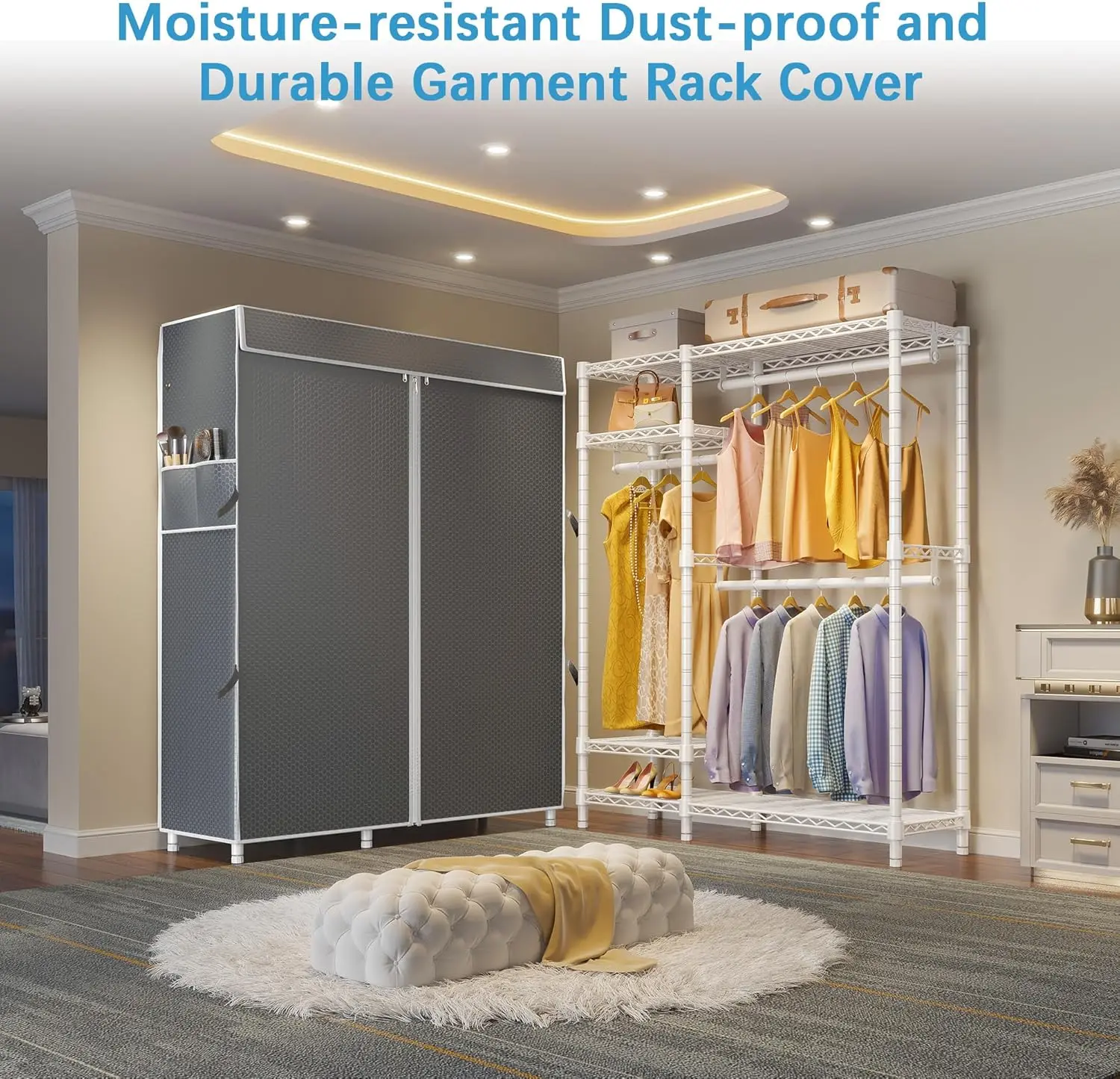 V2C Wardrobe Garment Rack, Garment Rack com Tampa de Poliéster Atualizado, Prateleiras Ajustáveis e Hang Rods, VIP, Cinza