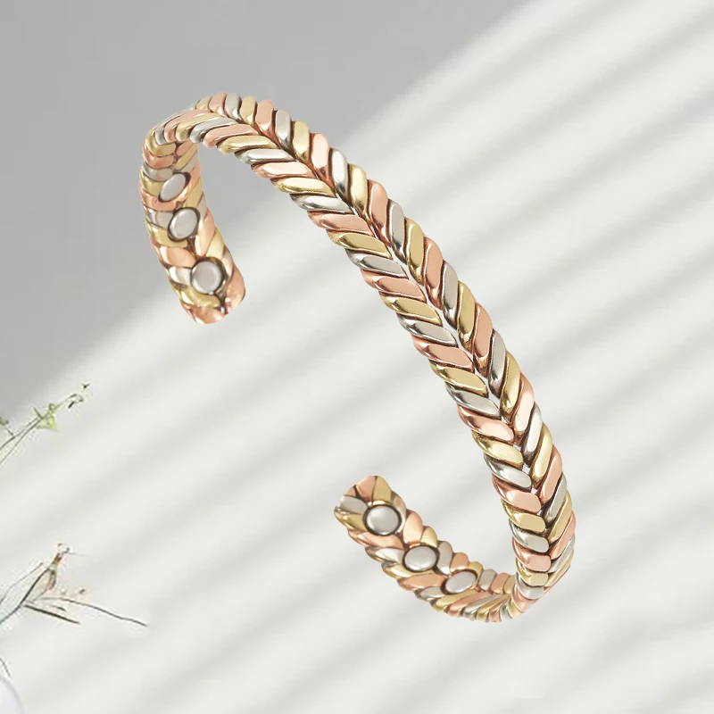 Modische Armbänder aus reinem Kupfer, dreifarbig gewebte Manschetten-Magnetarmreifen für Damen und Herren, Arthritis-Gesundheit, massiver Kupferschmuck – Detail 4
