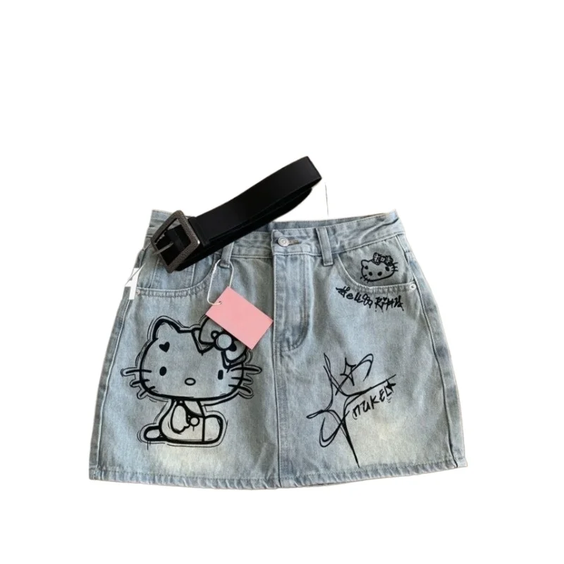 

Sanrio Cute Hello Kitty Cartoon Graffiti Denim Skirt Summer Versatile High Waist Hot Girl A-Line Skirt Cute Things for Girls