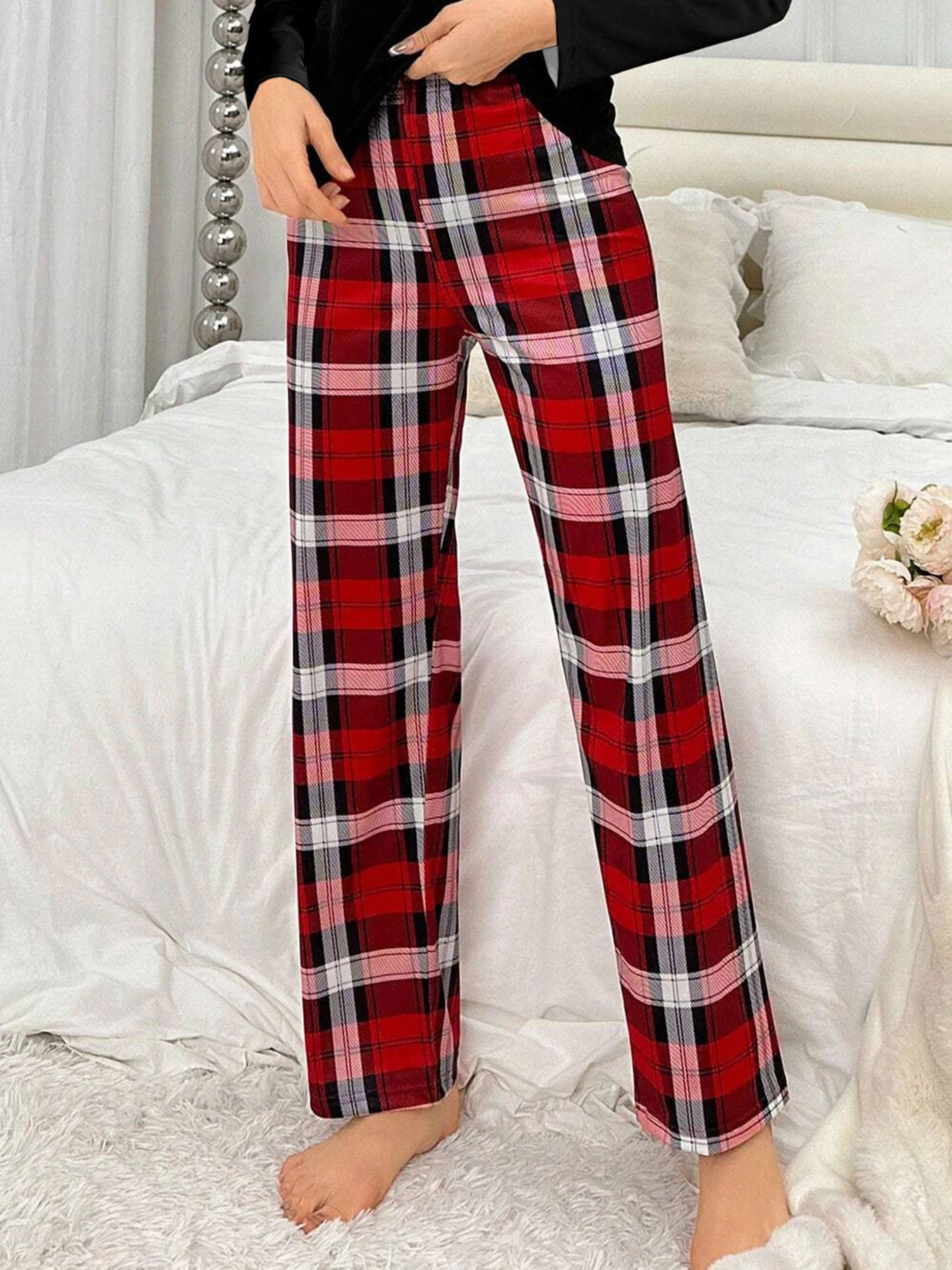 Spring, Summer, Autumn and Winter Women's Casual Classic Contrasting Check Pencil Pants Homewear Sleep Pants