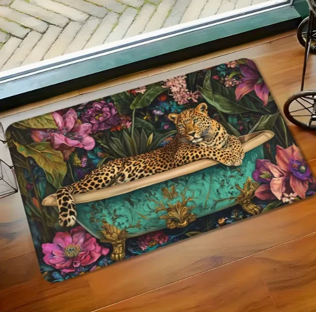 Leopard Print Flannel Floor Mat Pink Black Animal Pattern with Cheetah Design Mat for Kitchen Bathroom Bedroom Mat Home Decor